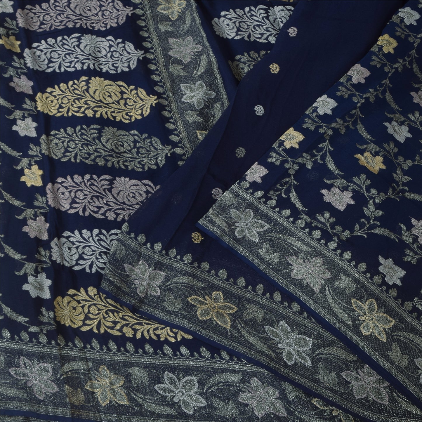 Sanskriti Vintage Saree Blue 100% Pure Georgette Silk Woven 6Yd Craft Fabric Crafting, Upcycling, Recycling, Dress Making,Home Decor,