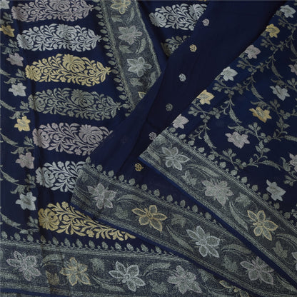 Sanskriti Vintage Saree Blue 100% Pure Georgette Silk Woven 6Yd Craft Fabric Crafting, Upcycling, Recycling, Dress Making,Home Decor,