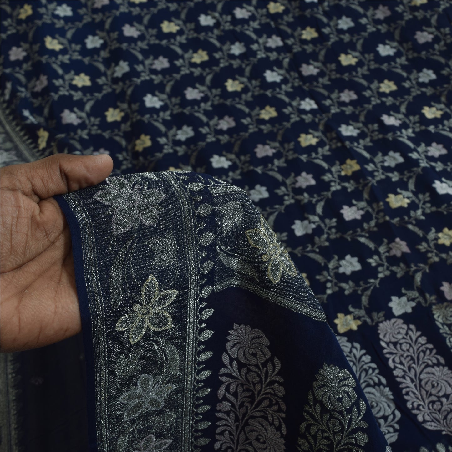 Sanskriti Vintage Saree Blue 100% Pure Georgette Silk Woven 6Yd Craft Fabric Crafting, Upcycling, Recycling, Dress Making,Home Decor,