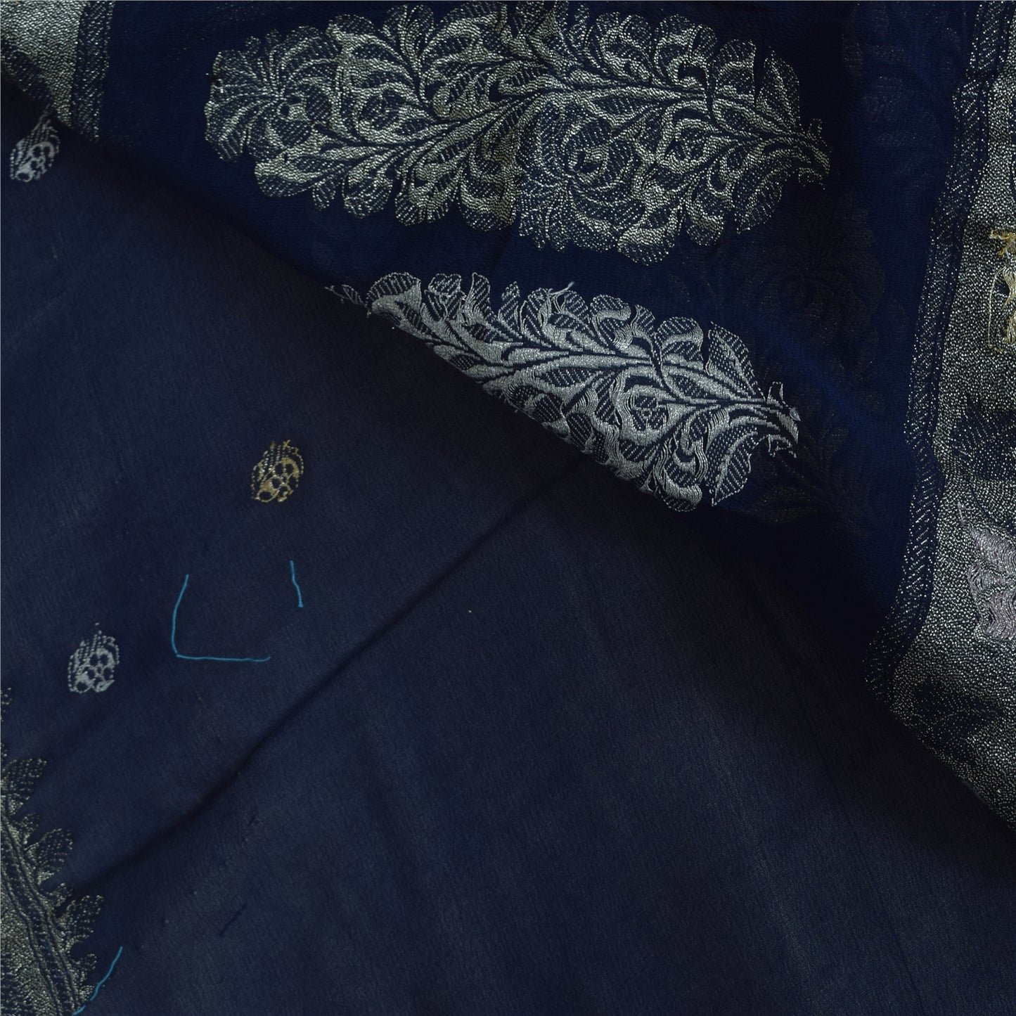 Sanskriti Vintage Saree Blue 100% Pure Georgette Silk Woven 6Yd Craft Fabric Crafting, Upcycling, Recycling, Dress Making,Home Decor,