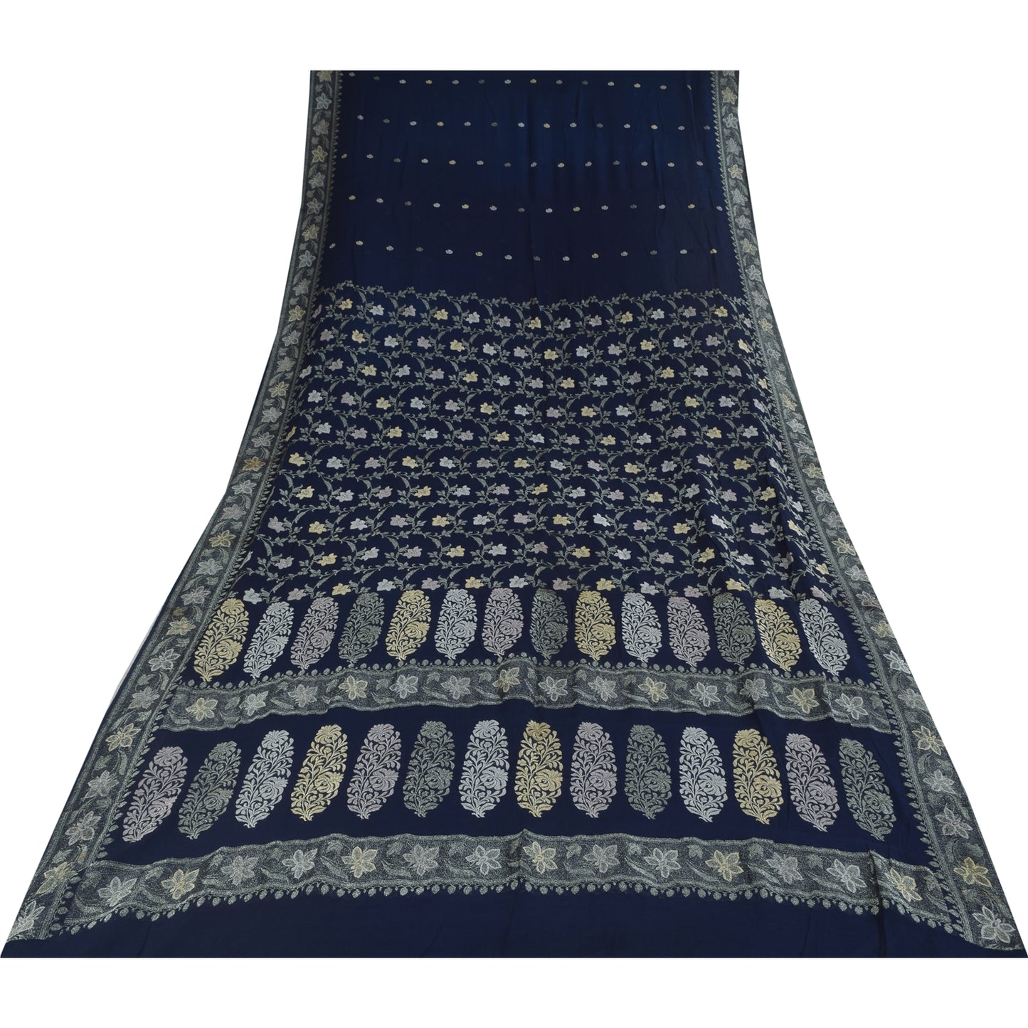 Sanskriti Vintage Saree Blue 100% Pure Georgette Silk Woven 6Yd Craft Fabric Crafting, Upcycling, Recycling, Dress Making,Home Decor,