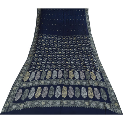 Sanskriti Vintage Saree Blue 100% Pure Georgette Silk Woven 6Yd Craft Fabric Crafting, Upcycling, Recycling, Dress Making,Home Decor,