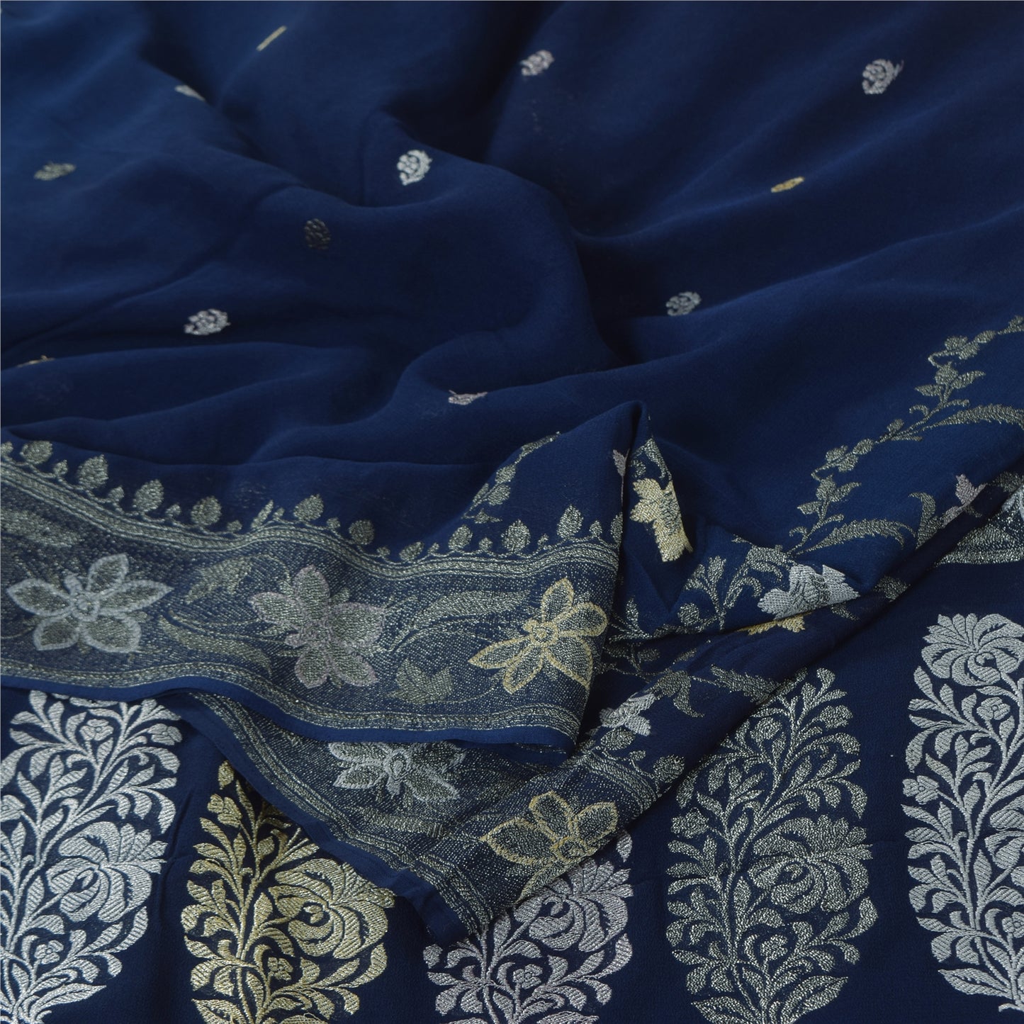 Sanskriti Vintage Saree Blue 100% Pure Georgette Silk Woven 6Yd Craft Fabric Crafting, Upcycling, Recycling, Dress Making,Home Decor,