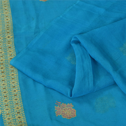 Sanskriti Vintage Blå Sarier Ren Georgette Vævet Premium Sari 5yd Håndværk Bæredygtigt Stoff