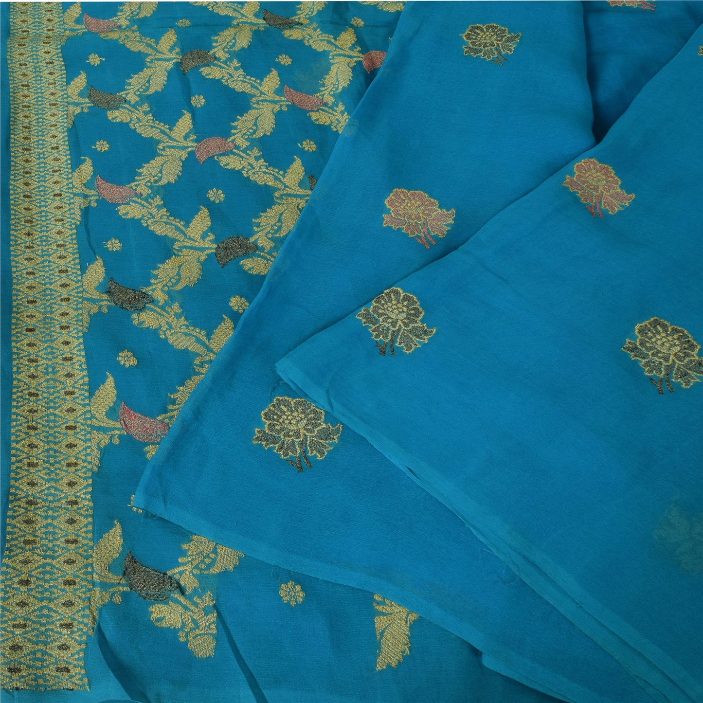 Sanskriti Vintage Blå Sarier Ren Georgette Vævet Premium Sari 5yd Håndværk Bæredygtigt Stoff