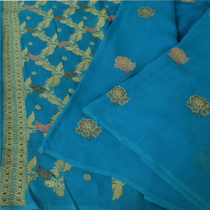 Sanskriti Vintage Blå Sarier Ren Georgette Vævet Premium Sari 5yd Håndværk Bæredygtigt Stoff