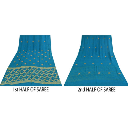 Sanskriti Vintage Blå Sarier Ren Georgette Vævet Premium Sari 5yd Håndværk Bæredygtigt Stoff