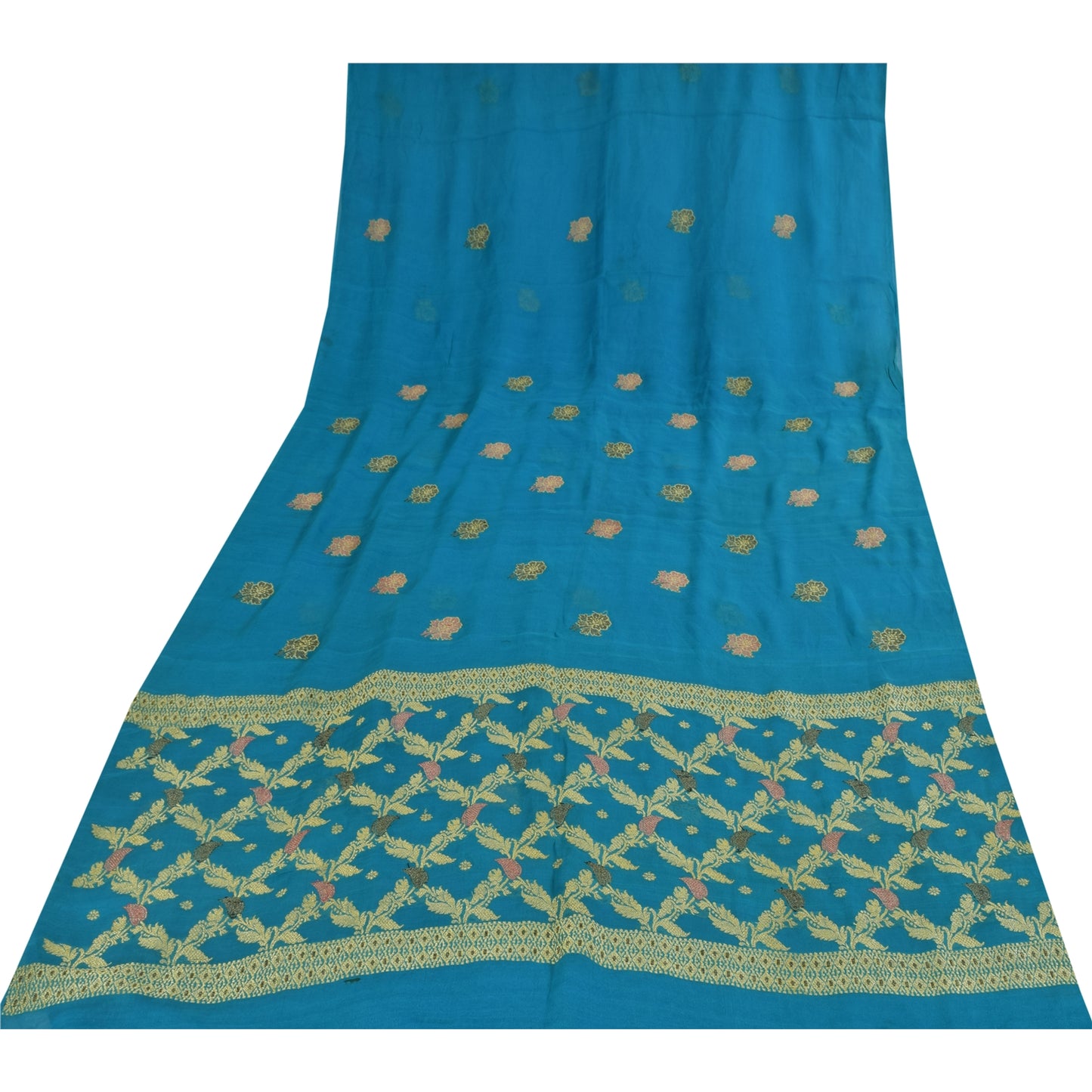 Sanskriti Vintage Blå Sarier Ren Georgette Vævet Premium Sari 5yd Håndværk Bæredygtigt Stoff