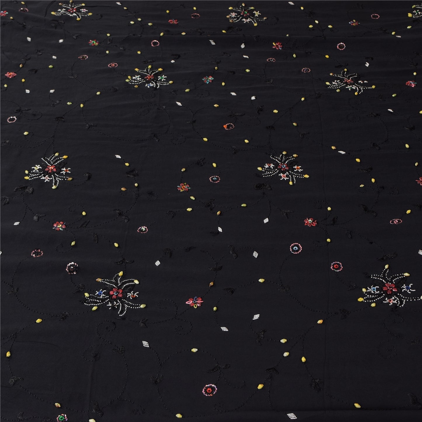 Sanskriti Vintage Saree Black 100% Pure Georgette Silk 5.5YD Hand Beaded Sari Mukeish Fabric Uses-Table linen, Cushion, Curtains, Dressing