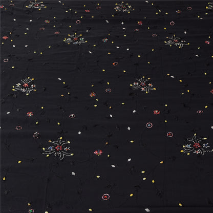 Sanskriti Vintage Saree Black 100% Pure Georgette Silk 5.5YD Hand Beaded Sari Mukeish Fabric Uses-Table linen, Cushion, Curtains, Dressing