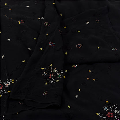 Sanskriti Vintage Saree Black 100% Pure Georgette Silk 5.5YD Hand Beaded Sari Mukeish Fabric Uses-Table linen, Cushion, Curtains, Dressing