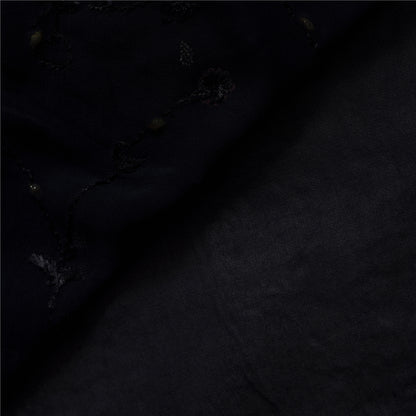 Sanskriti Vintage Saree Black 100% Pure Georgette Silk 5.5YD Hand Beaded Sari Mukeish Fabric Uses-Table linen, Cushion, Curtains, Dressing