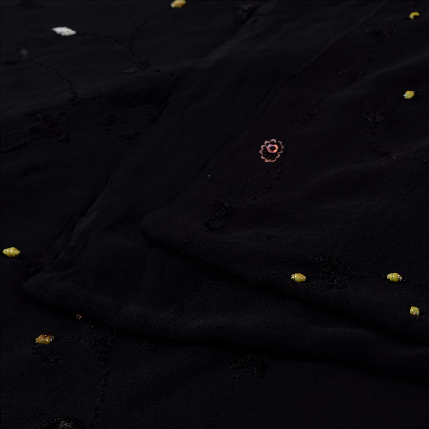 Sanskriti Vintage Saree Black 100% Pure Georgette Silk 5.5YD Hand Beaded Sari Mukeish Fabric Uses-Table linen, Cushion, Curtains, Dressing