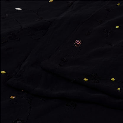 Sanskriti Vintage Saree Black 100% Pure Georgette Silk 5.5YD Hand Beaded Sari Mukeish Fabric Uses-Table linen, Cushion, Curtains, Dressing