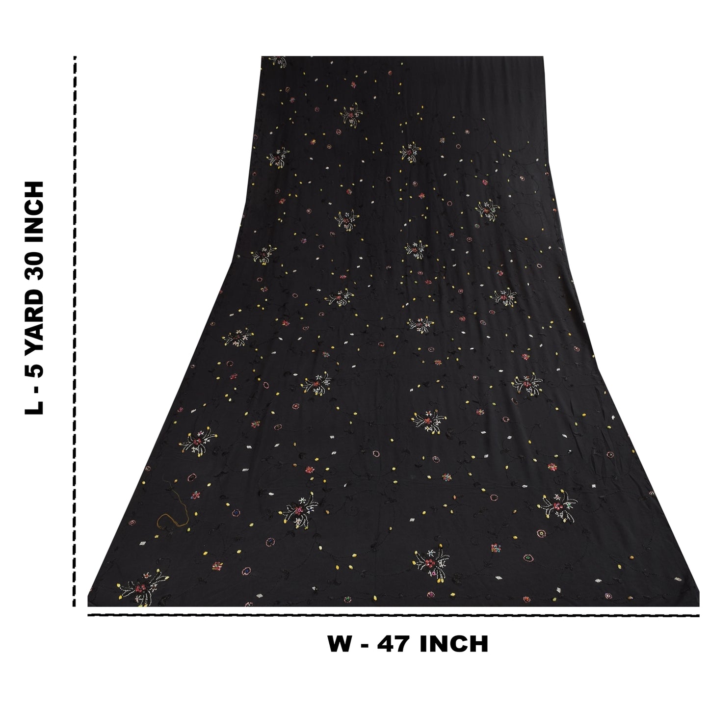 Sanskriti Vintage Saree Black 100% Pure Georgette Silk 5.5YD Hand Beaded Sari Mukeish Fabric Uses-Table linen, Cushion, Curtains, Dressing