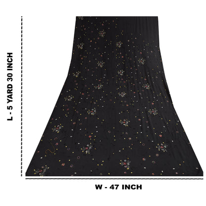 Sanskriti Vintage Saree Black 100% Pure Georgette Silk 5.5YD Hand Beaded Sari Mukeish Fabric Uses-Table linen, Cushion, Curtains, Dressing