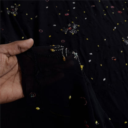 Sanskriti Vintage Saree Black 100% Pure Georgette Silk 5.5YD Hand Beaded Sari Mukeish Fabric Uses-Table linen, Cushion, Curtains, Dressing