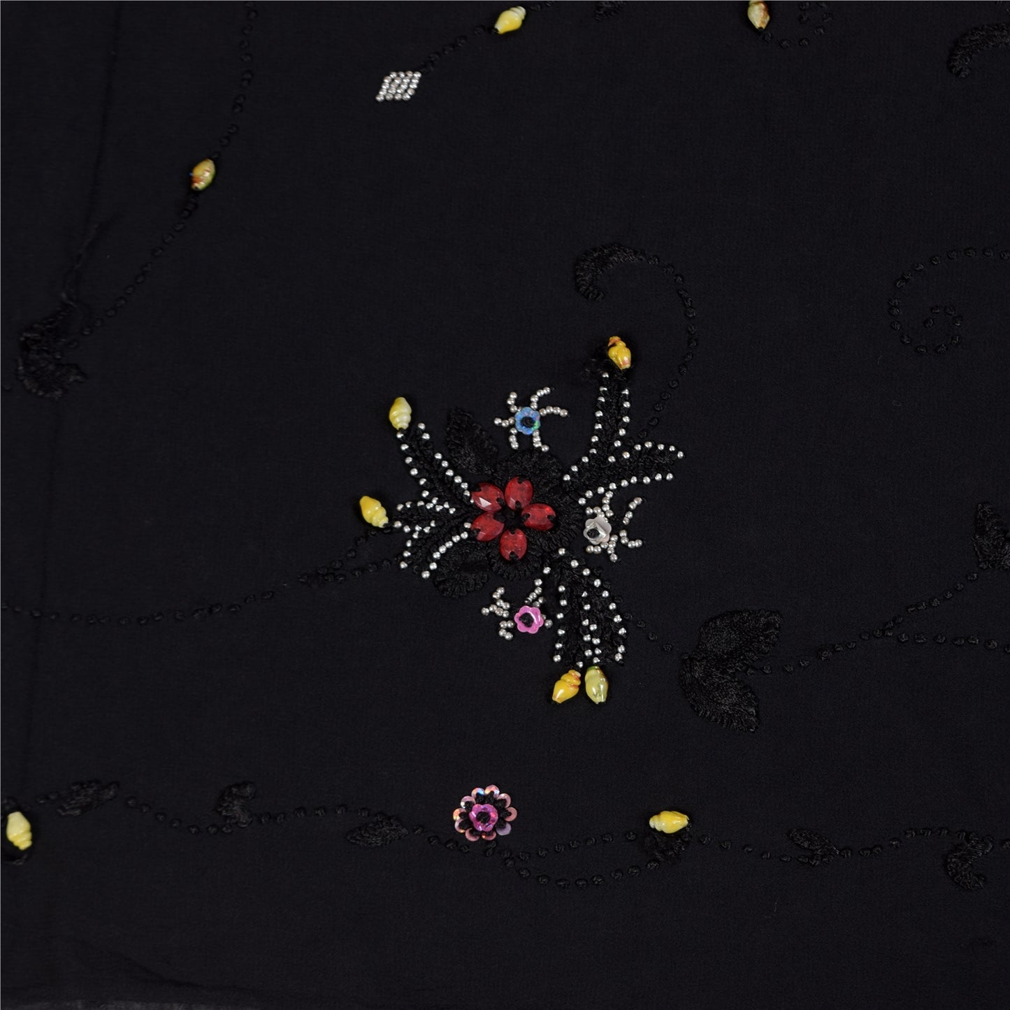Sanskriti Vintage Saree Black 100% Pure Georgette Silk 5.5YD Hand Beaded Sari Mukeish Fabric Uses-Table linen, Cushion, Curtains, Dressing