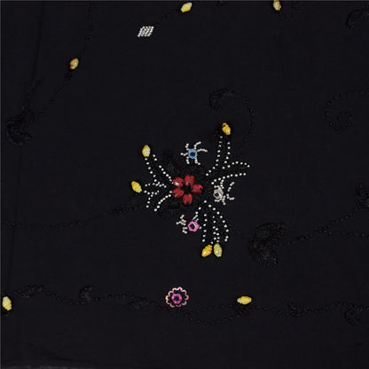 Sanskriti Vintage Saree Black 100% Pure Georgette Silk 5.5YD Hand Beaded Sari Mukeish Fabric Uses-Table linen, Cushion, Curtains, Dressing