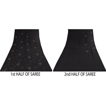 Sanskriti Vintage Saree Black 100% Pure Georgette Silk 5.5YD Hand Beaded Sari Mukeish Fabric Uses-Table linen, Cushion, Curtains, Dressing