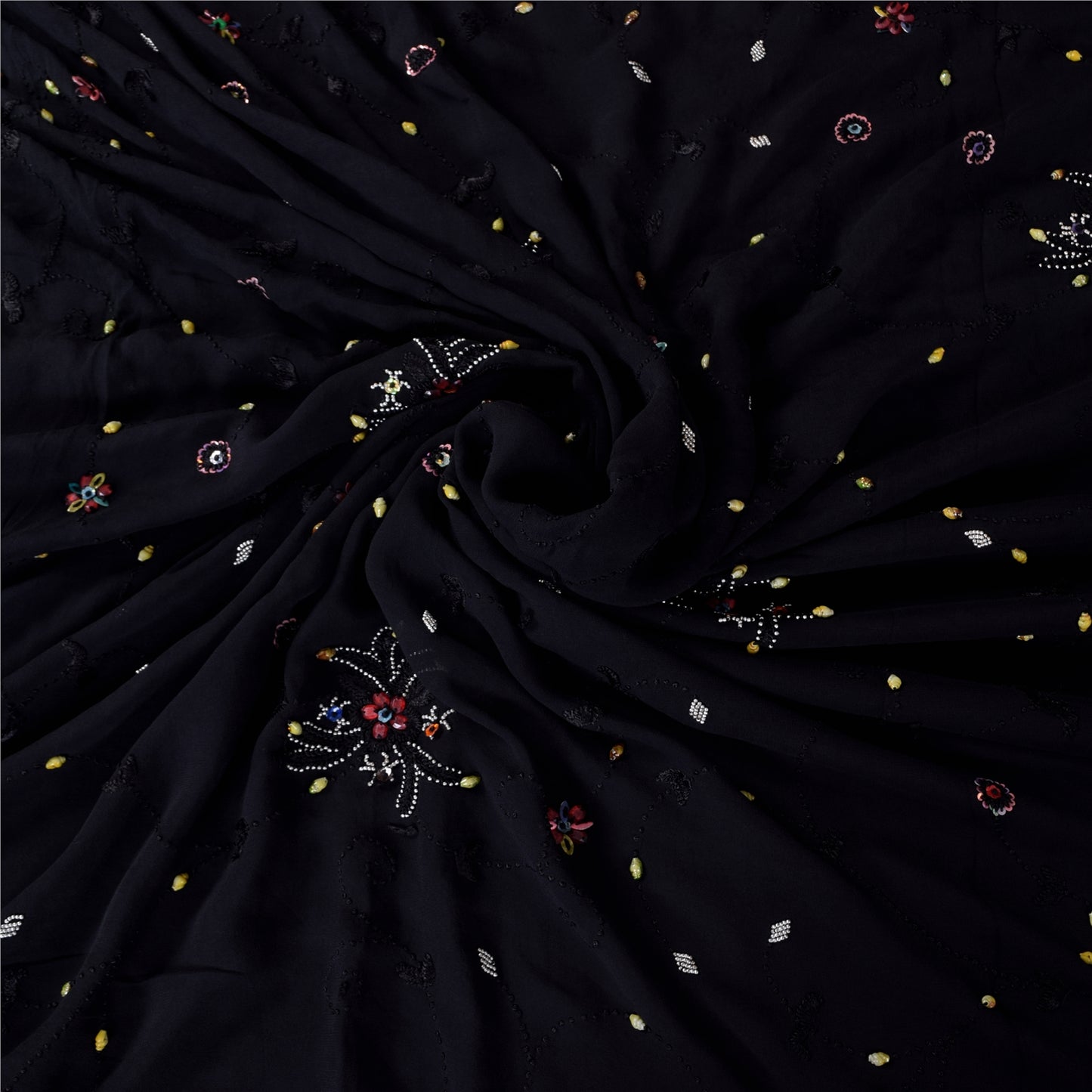 Sanskriti Vintage Saree Black 100% Pure Georgette Silk 5.5YD Hand Beaded Sari Mukeish Fabric Uses-Table linen, Cushion, Curtains, Dressing