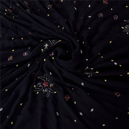 Sanskriti Vintage Saree Black 100% Pure Georgette Silk 5.5YD Hand Beaded Sari Mukeish Fabric Uses-Table linen, Cushion, Curtains, Dressing