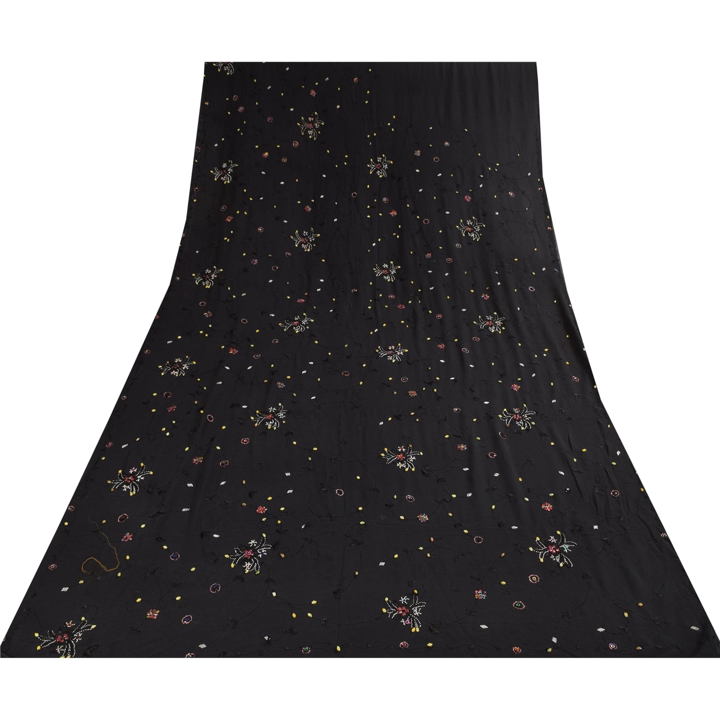 Sanskriti Vintage Saree Black 100% Pure Georgette Silk 5.5YD Hand Beaded Sari Mukeish Fabric Uses-Table linen, Cushion, Curtains, Dressing