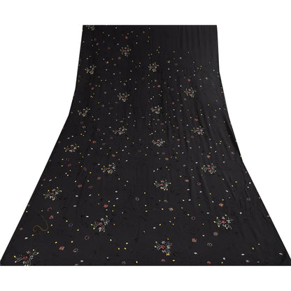 Sanskriti Vintage Saree Black 100% Pure Georgette Silk 5.5YD Hand Beaded Sari Mukeish Fabric Uses-Table linen, Cushion, Curtains, Dressing