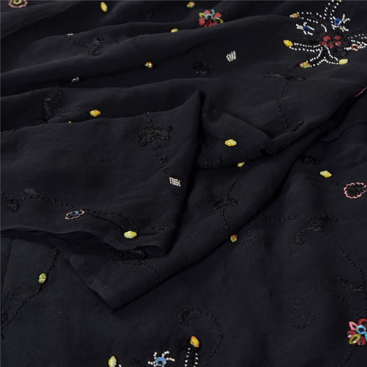 Sanskriti Vintage Black Sarees Pure Georgette Hand Beaded Sari mukeish Fabric