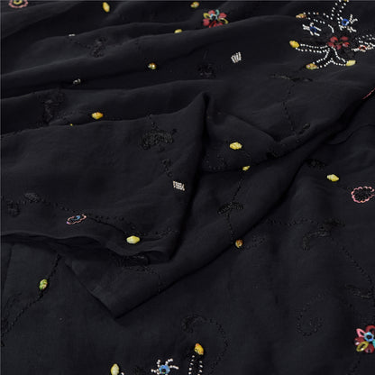 Sanskriti Vintage Saree Black 100% Pure Georgette Silk 5.5YD Hand Beaded Sari Mukeish Fabric Uses-Table linen, Cushion, Curtains, Dressing