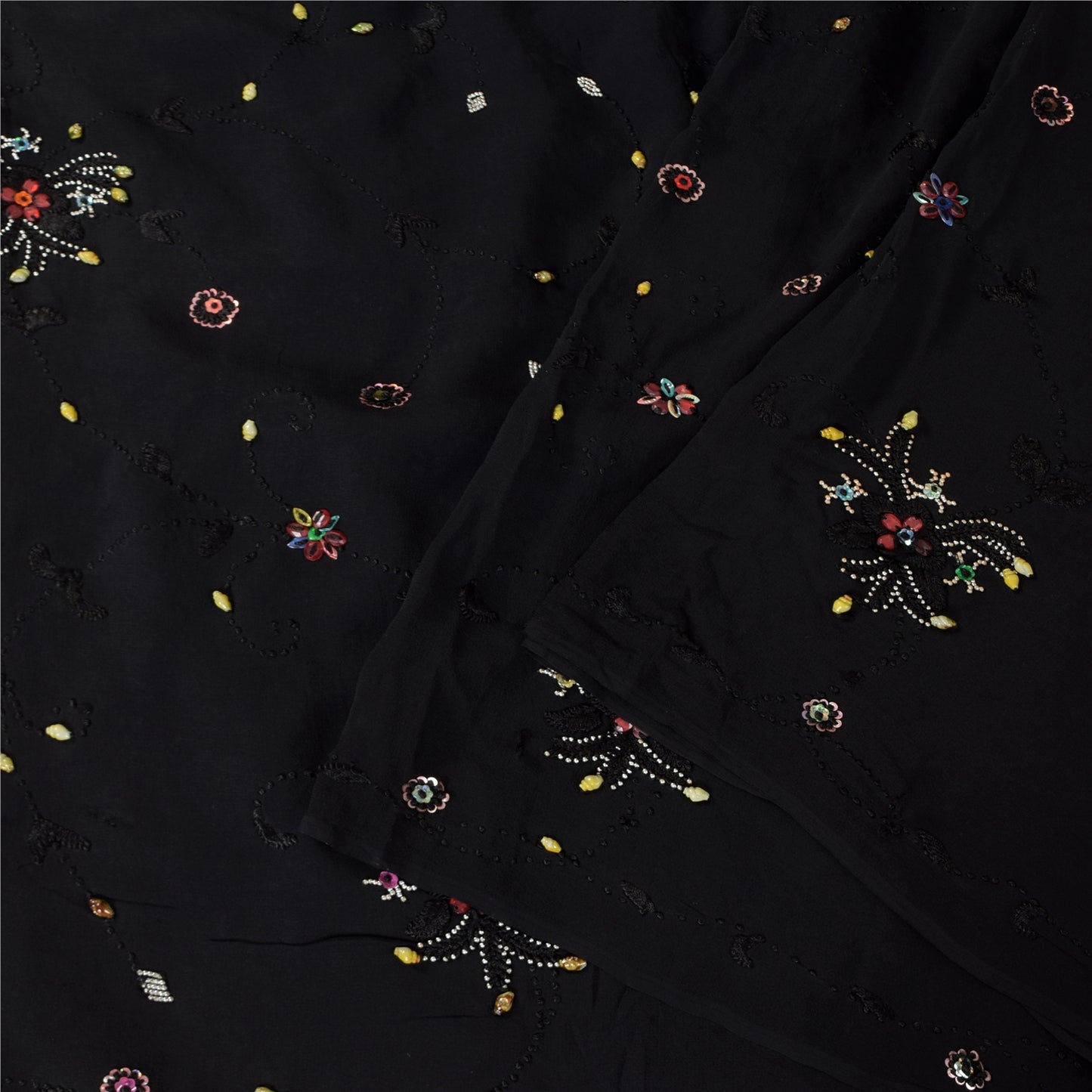 Sanskriti Vintage Saree Black 100% Pure Georgette Silk 5.5YD Hand Beaded Sari Mukeish Fabric Uses-Table linen, Cushion, Curtains, Dressing