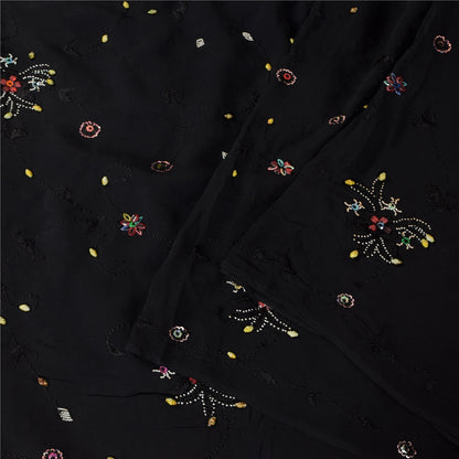 Sanskriti Vintage Saree Black 100% Pure Georgette Silk 5.5YD Hand Beaded Sari Mukeish Fabric Uses-Table linen, Cushion, Curtains, Dressing