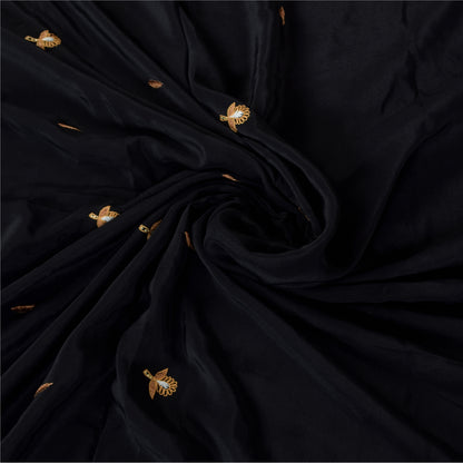 Sanskriti Vintage Saree Black 100% Pure Crepe Silk Embroidered Zari Zardozi 5+Yd Craft Fabric Sari Uses-Table linen, Cushions, Curtains,
