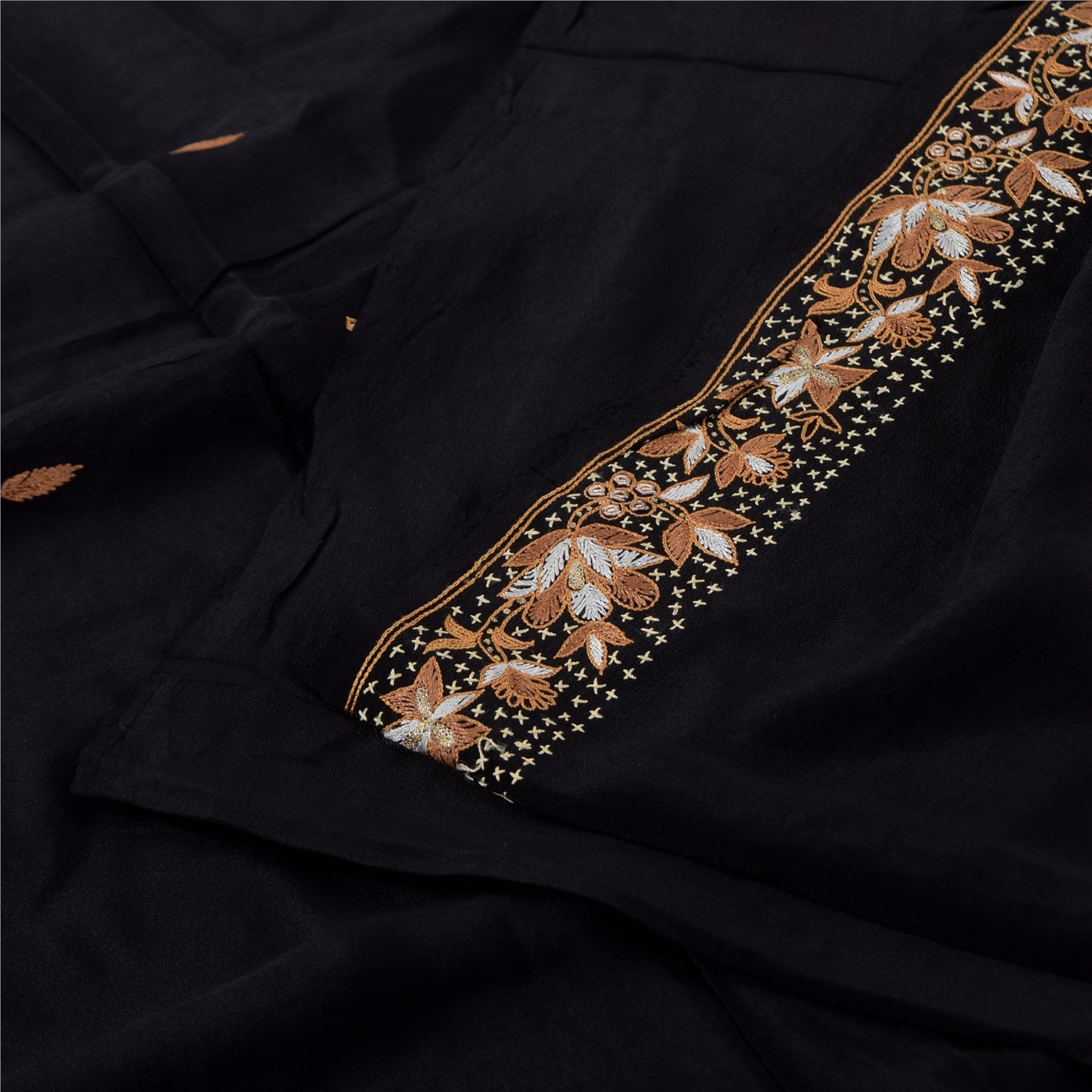 Sanskriti Vintage Saree Black 100% Pure Crepe Silk Embroidered Zari Zardozi 5+Yd Craft Fabric Sari Uses-Table linen, Cushions, Curtains,