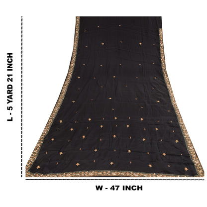 Sanskriti Vintage Saree Black 100% Pure Crepe Silk Embroidered Zari Zardozi 5+Yd Craft Fabric Sari Uses-Table linen, Cushions, Curtains,