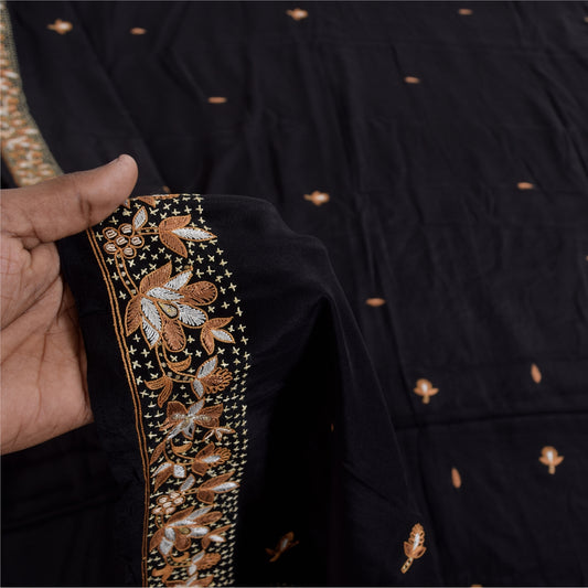 Sanskriti Vintage Saree Black 100% Pure Crepe Silk Embroidered Zari Zardozi 5+Yd Craft Fabric Sari Uses-Table linen, Cushions, Curtains,
