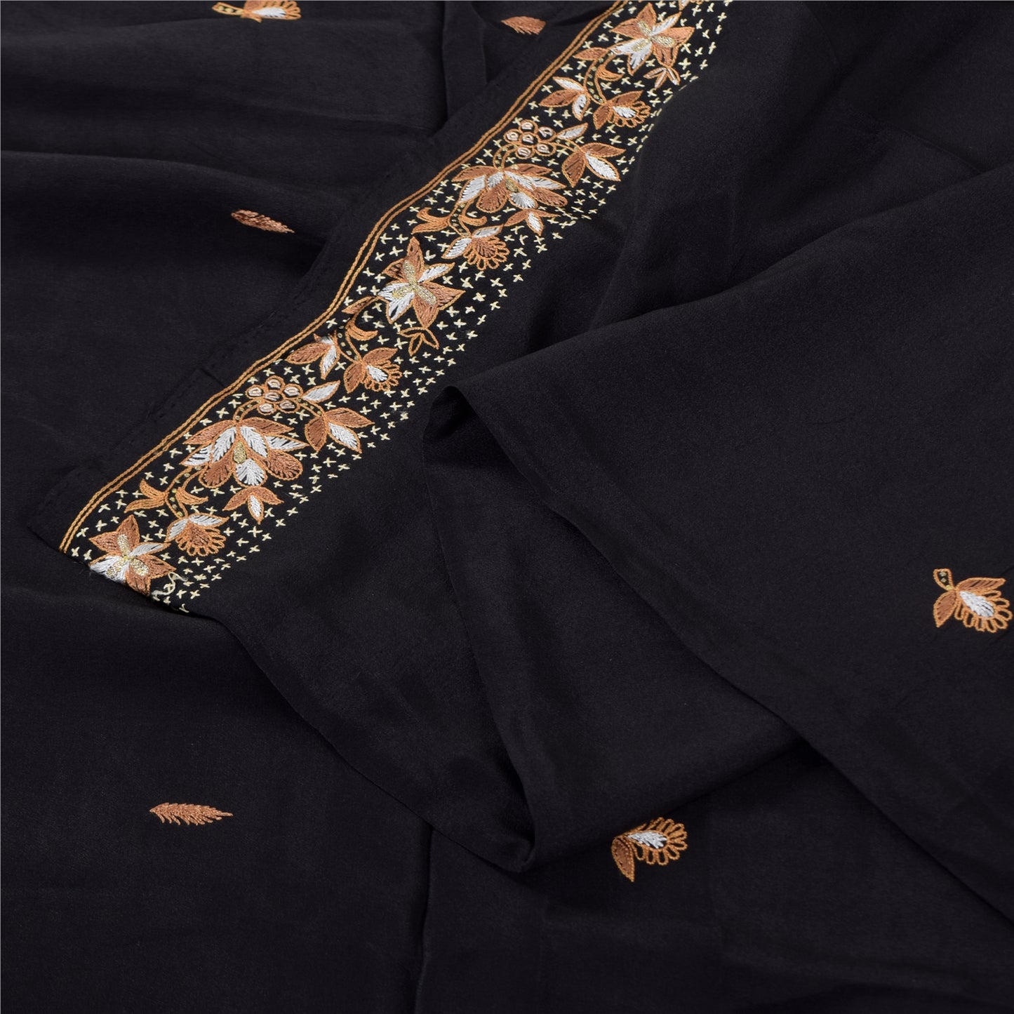 Sanskriti Vintage Saree Black 100% Pure Crepe Silk Embroidered Zari Zardozi 5+Yd Craft Fabric Sari Uses-Table linen, Cushions, Curtains,