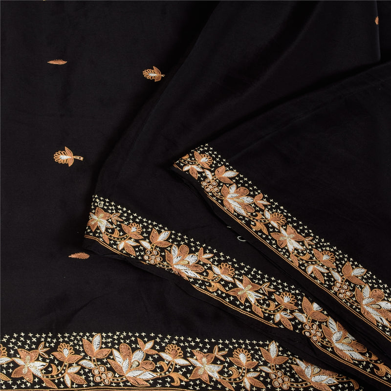 Sanskriti Vintage Saree Black 100% Pure Crepe Silk Embroidered Zari Zardozi 5+Yd Craft Fabric Sari Uses-Table linen, Cushions, Curtains,