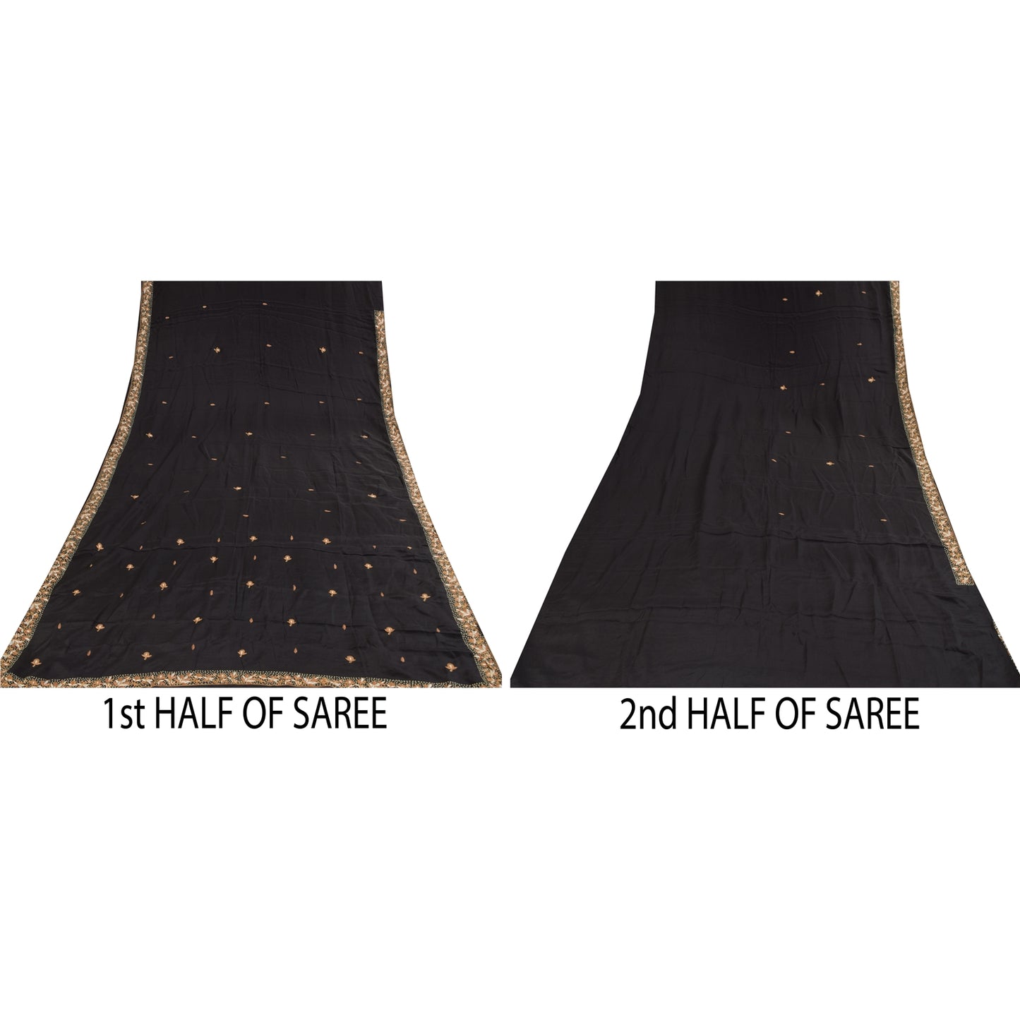 Sanskriti Vintage Saree Black 100% Pure Crepe Silk Embroidered Zari Zardozi 5+Yd Craft Fabric Sari Uses-Table linen, Cushions, Curtains,
