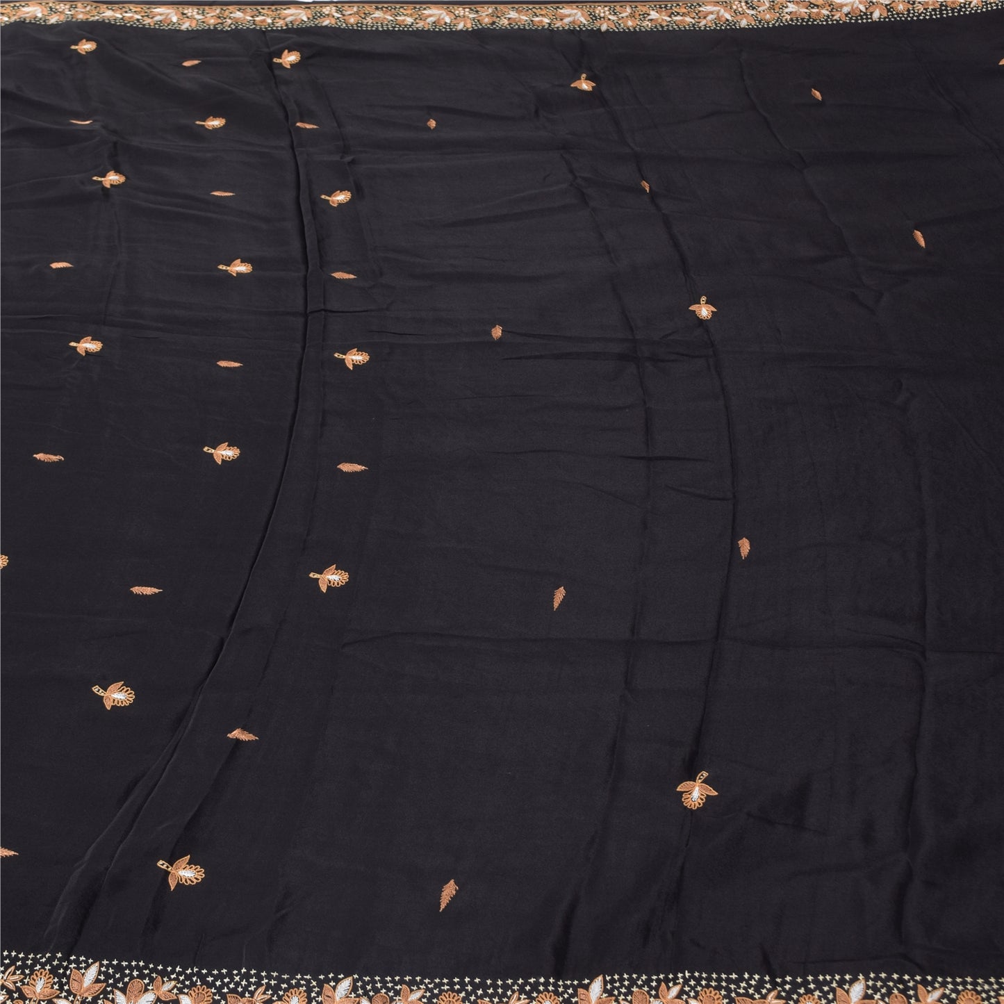 Sanskriti Vintage Saree Black 100% Pure Crepe Silk Embroidered Zari Zardozi 5+Yd Craft Fabric Sari Uses-Table linen, Cushions, Curtains,