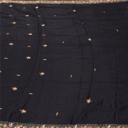 Sanskriti Vintage Saree Black 100% Pure Crepe Silk Embroidered Zari Zardozi 5+Yd Craft Fabric Sari Uses-Table linen, Cushions, Curtains,