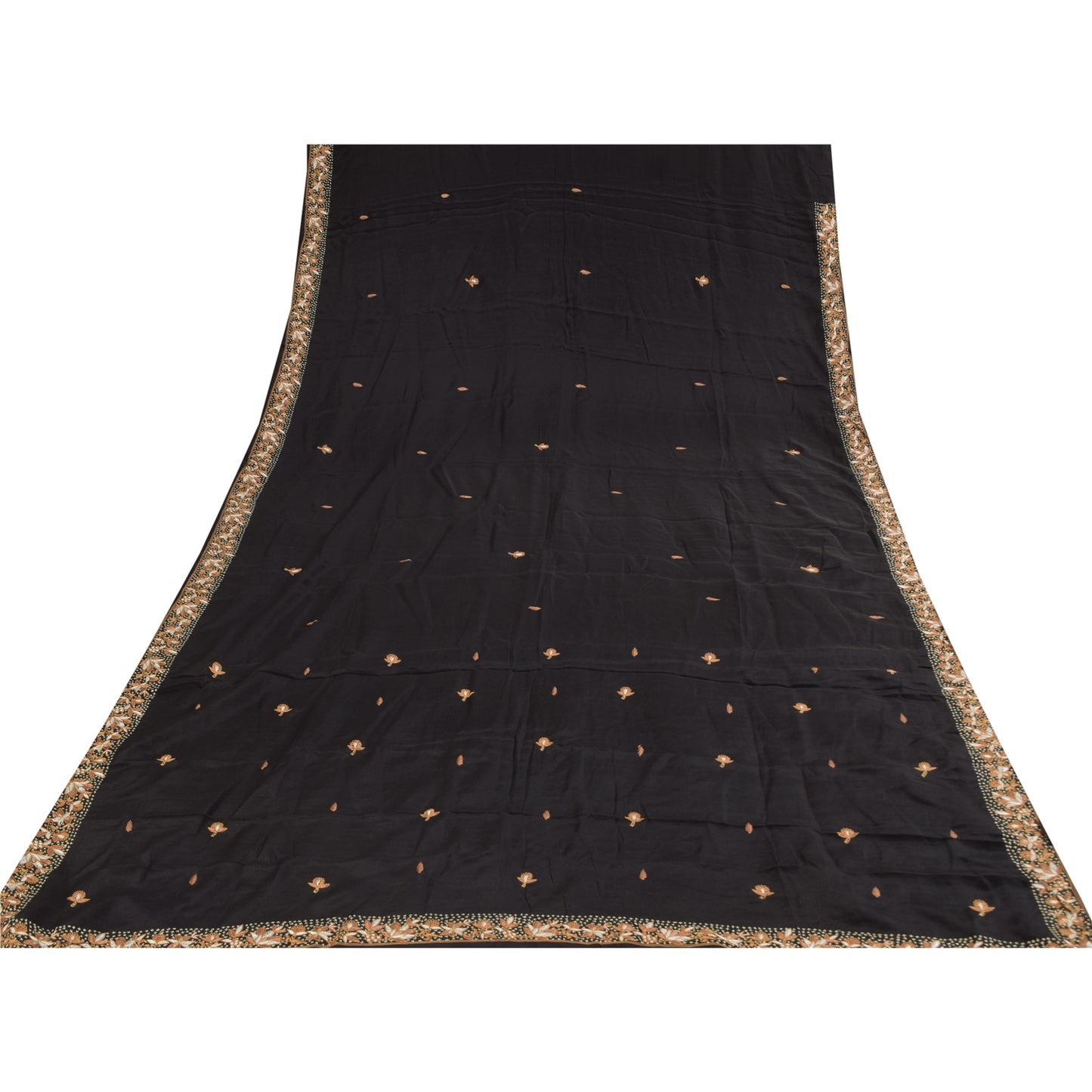 Sanskriti Vintage Saree Black 100% Pure Crepe Silk Embroidered Zari Zardozi 5+Yd Craft Fabric Sari Uses-Table linen, Cushions, Curtains,