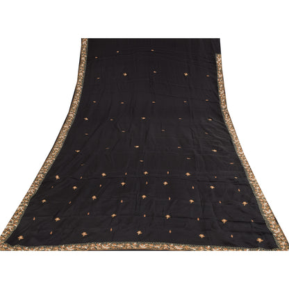 Sanskriti Vintage Saree Black 100% Pure Crepe Silk Embroidered Zari Zardozi 5+Yd Craft Fabric Sari Uses-Table linen, Cushions, Curtains,
