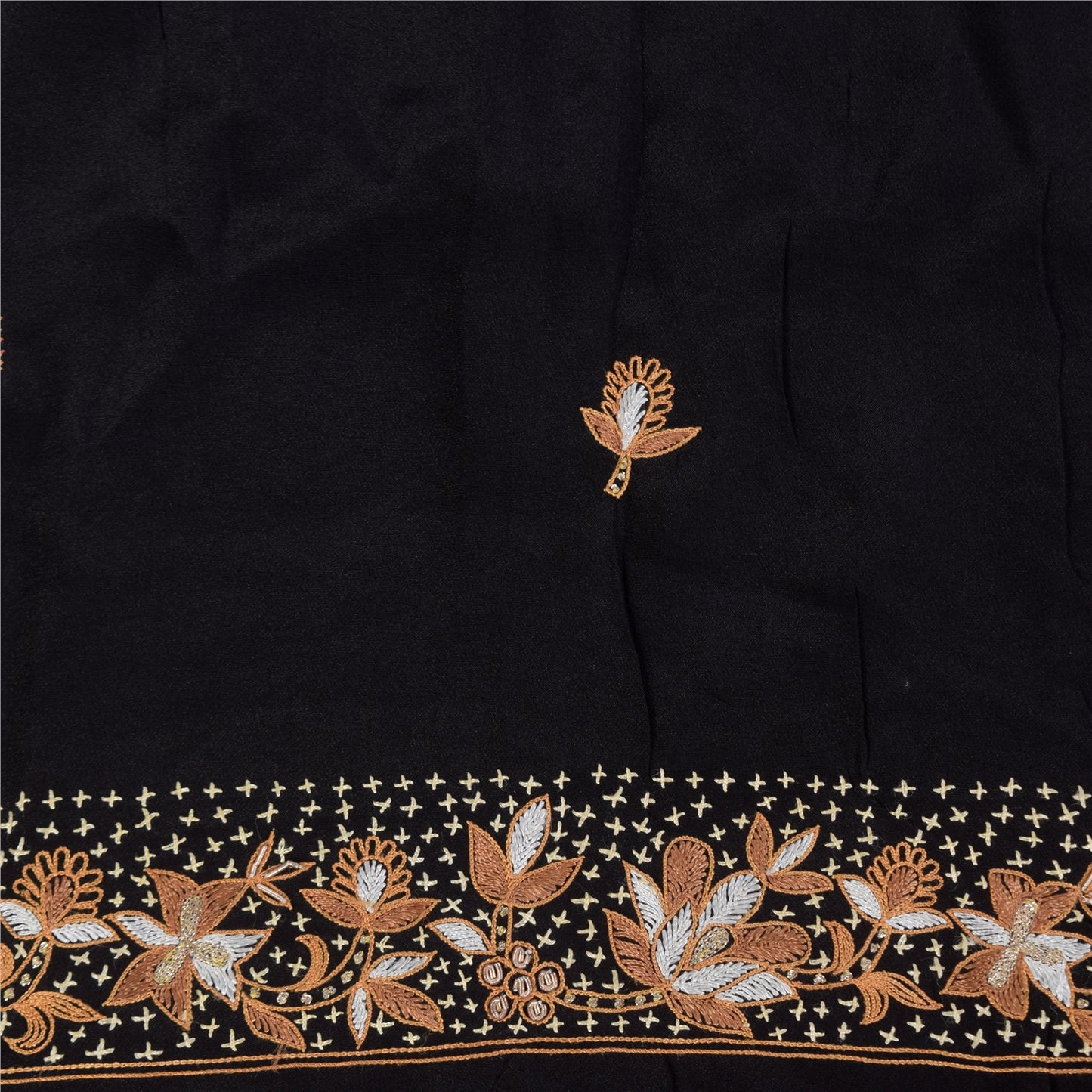 Sanskriti Vintage Saree Black 100% Pure Crepe Silk Embroidered Zari Zardozi 5+Yd Craft Fabric Sari Uses-Table linen, Cushions, Curtains,