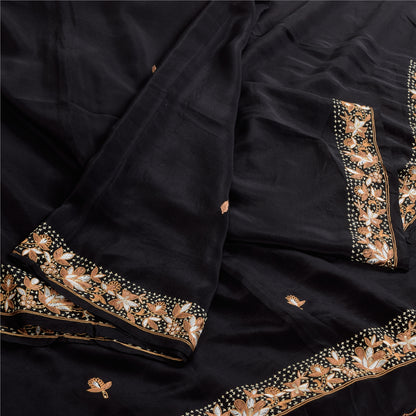 Sanskriti Vintage Saree Black 100% Pure Crepe Silk Embroidered Zari Zardozi 5+Yd Craft Fabric Sari Uses-Table linen, Cushions, Curtains,