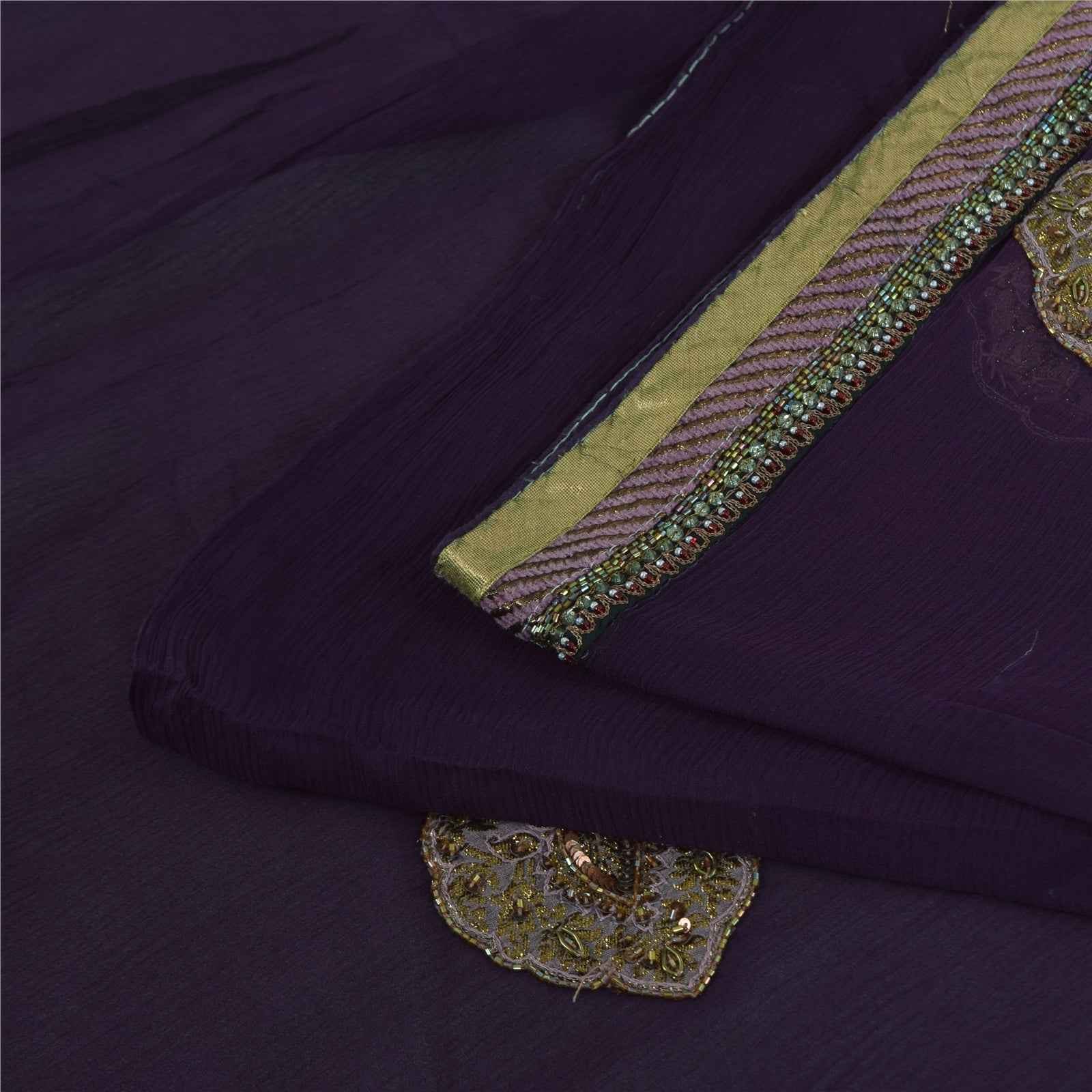 Sanskriti Vintage Purple Dupatta Long Stole Pure Chiffon Hand Beaded Ethnic Veil