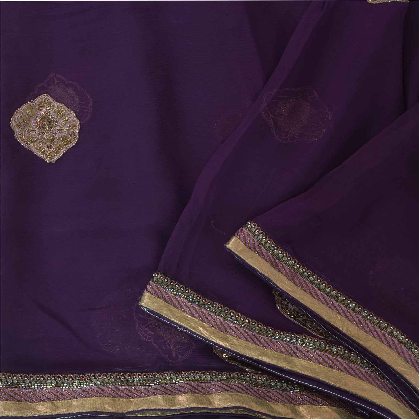 Sanskriti Vintage Purple Dupatta Long Stole Pure Chiffon Hand Beaded Ethnic Veil