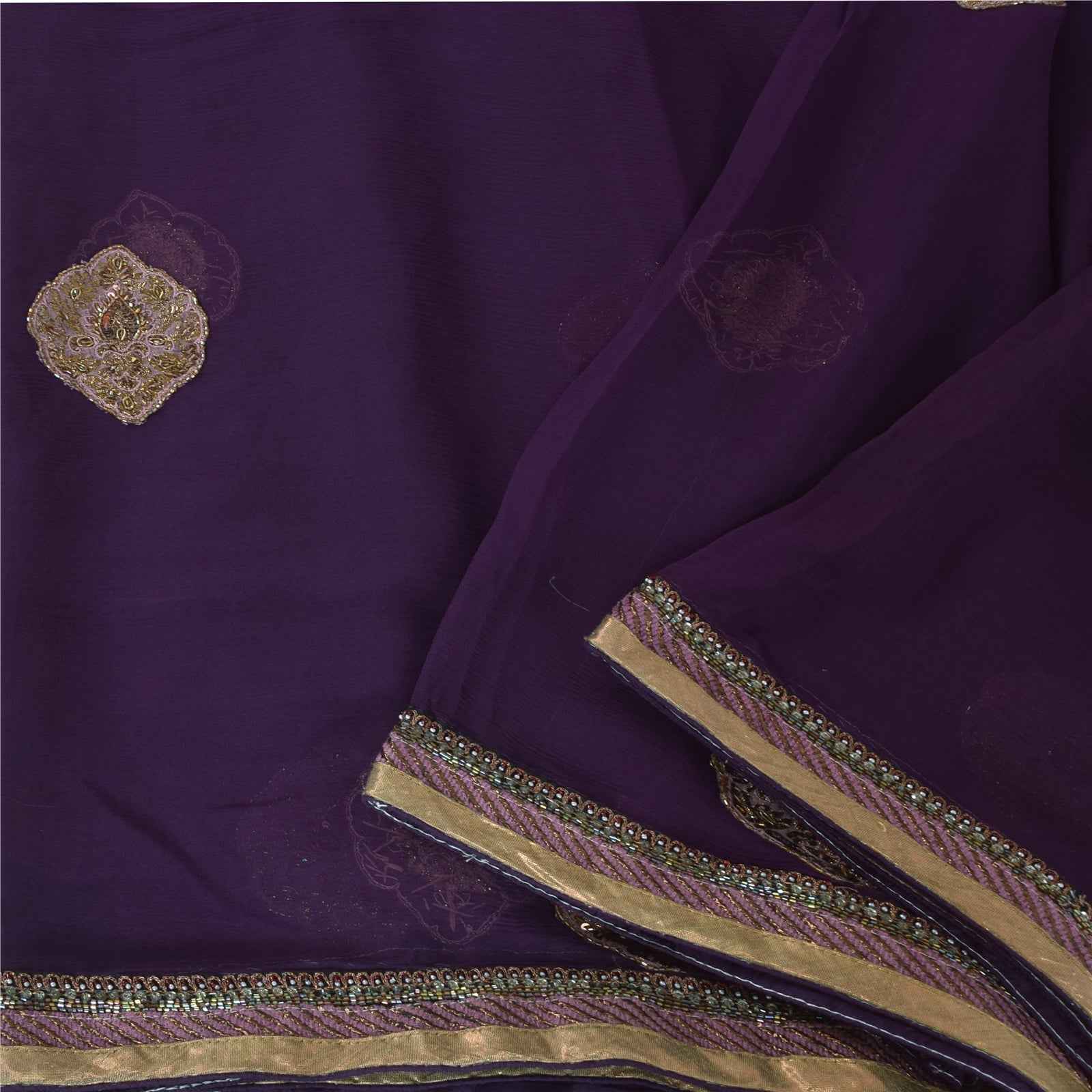 Sanskriti Vintage Purple Dupatta Long Stole Pure Chiffon Hand Beaded Ethnic Veil
