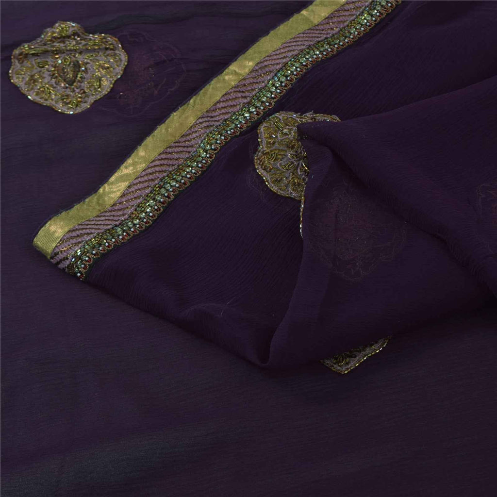 Sanskriti Vintage Purple Dupatta Long Stole Pure Chiffon Hand Beaded Ethnic Veil