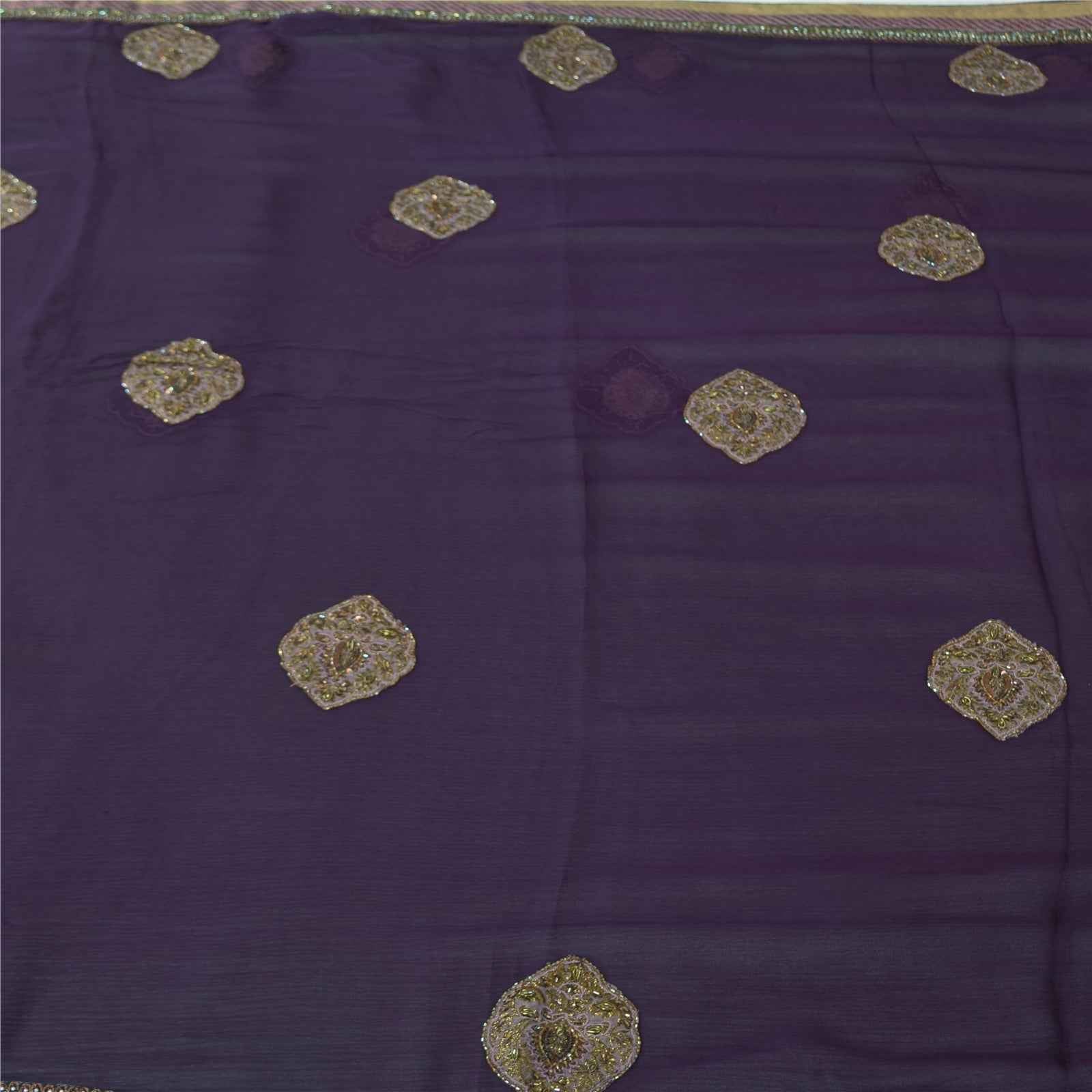 Sanskriti Vintage Purple Dupatta Long Stole Pure Chiffon Hand Beaded Ethnic Veil